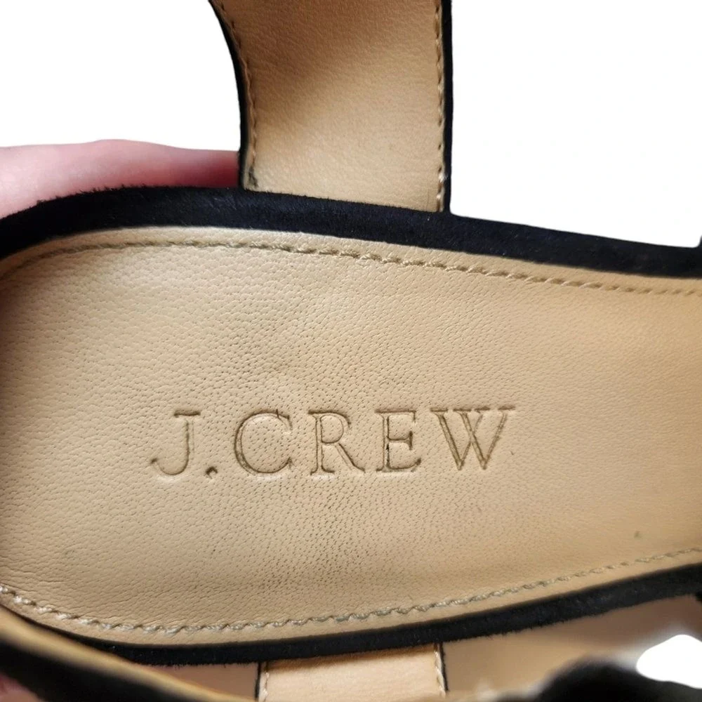 J Crew Three Strap‎ Suede Sandal Block Heel Black Ankle Strap Gold Buckle Prep 9